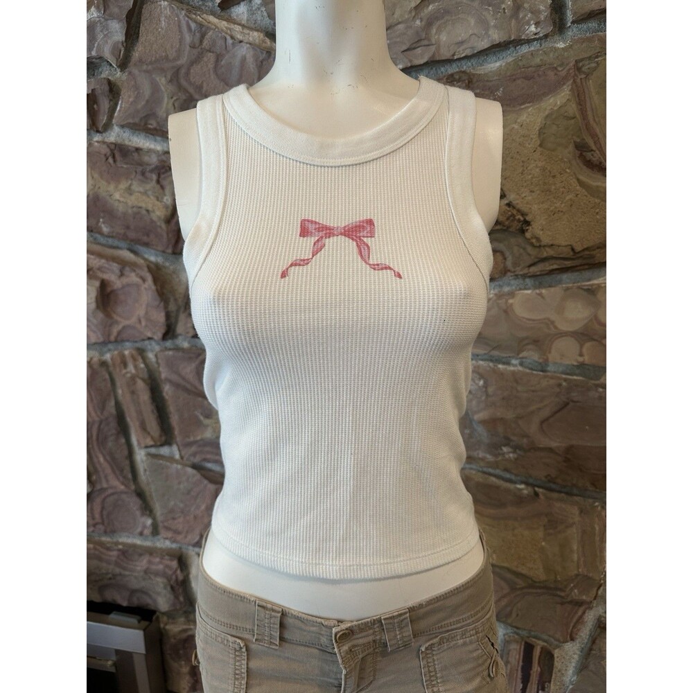 Aeropostale‎  Pink Bow Cami Women’s S  white  tretch Tank Top cropped - Picture 2 of 7